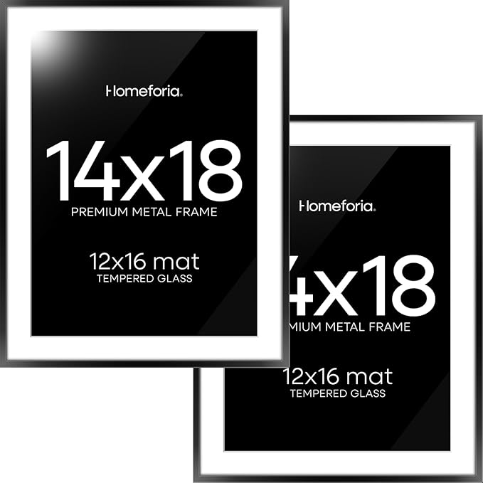 Homeforia 14x18 Picture Frame Black, High End Metal 14x18 Poster Frames with Mat 12x16 for Photo, 14 x 18 Black Frame Matted to 12 x 16 inch Print, 18x14 Thin Frame, Tempered Glass, Wall Kit, Set of 2