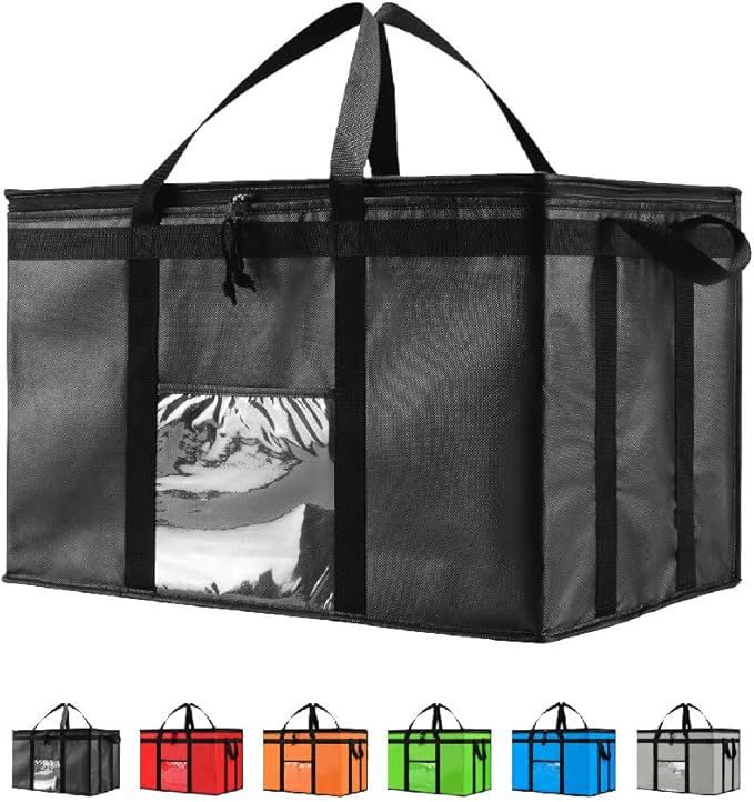 NZ home Insulated Bags for Food Delivery (3XL) Grocery Shopping Cooler Bag, Pizza Delivery, Hot & Cold Catering Tote, Reusable, Foldable & Heavy Duty (4 Pack, Black)