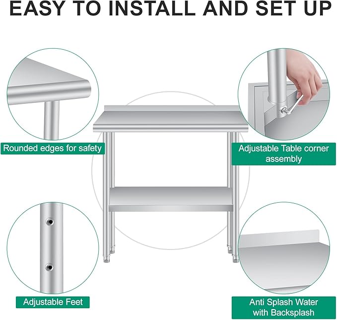 Stainless Steel Prep Table, 36 x 24 Inches, with Backsplash, Adjustable Undershelf and 4 Caster Wheels, Commercial Heavy Duty Table with Adjustable Under Shelf for Outdoor Use,Restaurants,Hotels,Works