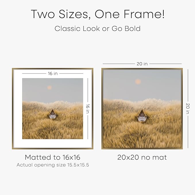 Homeforia 20x20 Picture Bronze Frame, High End Metal 20 x 20 Square Poster Frame with Mat 16 x 16 Photo, 20x20 Brass Frame Matted to 16x16 Print, 20by20 Thin Frames, Tempered Glass, Wall Kit, Set of 1