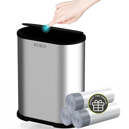 1.8 Gallons Small Stainless Steel Trash Can with Press Type Lid, Slim Bathroom Garbage Bin, Removable Liner Bucket, Dog Proof Narrow Wastebasket with Pop-Up Lid for Bedroom,Toilet (Silver)