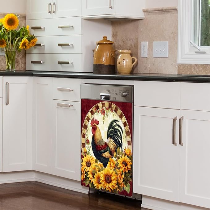 Retro Sunflower Rooster Dishwasher Magnet Cover Front Dishwasher Cover Decor Reusable Magnetic Door Cover Panel Decal Home Appliances Stickers Kitchen Refrigerator Fridge 23"x26"