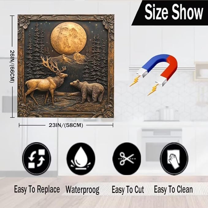 Elk Bear Moon Forest Scene Magnetic Dishwasher Cover Vinyl Sticker, Bronze Black Dishwasher Magnet Cover, Rustic Fridge Barn Door Cover Magnets Art Skin Panel Decal for Home Decor, 23"X26"