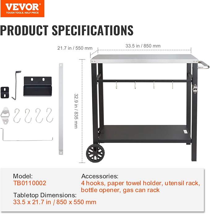 VEVOR Outdoor Grill Dining Cart with Double-Shelf, BBQ Movable Food Prep Table, Multifunctional Stainless Steel Table Top, Portable Modular Carts for Pizza Oven, Worktable with 2 Wheels, Carry Handle