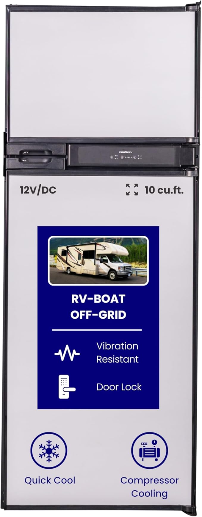 Conserv 12V DC 10 cu.ft. Built-in Top Freezer Energy Efficient Refrigerator – for RVs, Camper Vans, Tiny Homes & Off-Grid Living with LED Light, Lock, Adjustable Shelves, Reversible Door