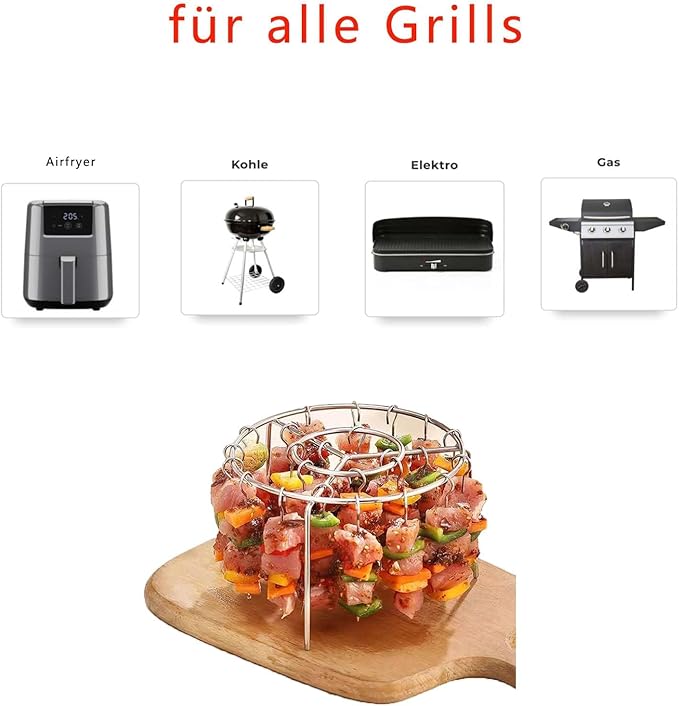 BBQ Kebab Skewers Stainless Steel, Airfryer Accessories, Barbecue Skewer Set, 24 x Barbecue Skewers + Round Grill Rack, Compatible with Airfryer, Hot Air Fryer, Oven and Rice Cooker