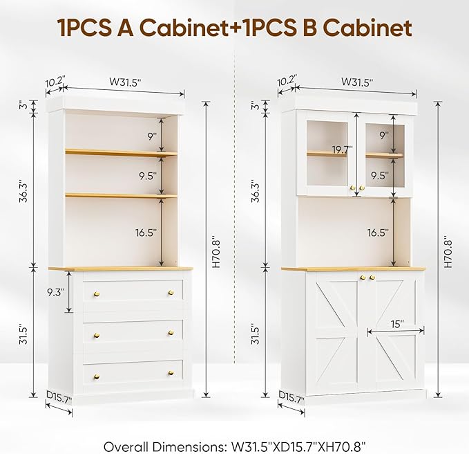 Vyre 71" Farmhouse Kitchen Pantry Cabinet Set of 3, White Freestanding Coffee Bar Hutch with Glass Doors, Drawers & Adjustable Shelves, Large Storage Cabinet with Microwave Stand for Living Room