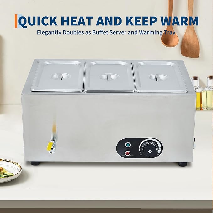 Commercial Food Warmer Stainless Steel 1500W Electric Buffet Server Bain Marie,3-Pan Catering Hot Food Station for Restaurants, Hotels, Banquets