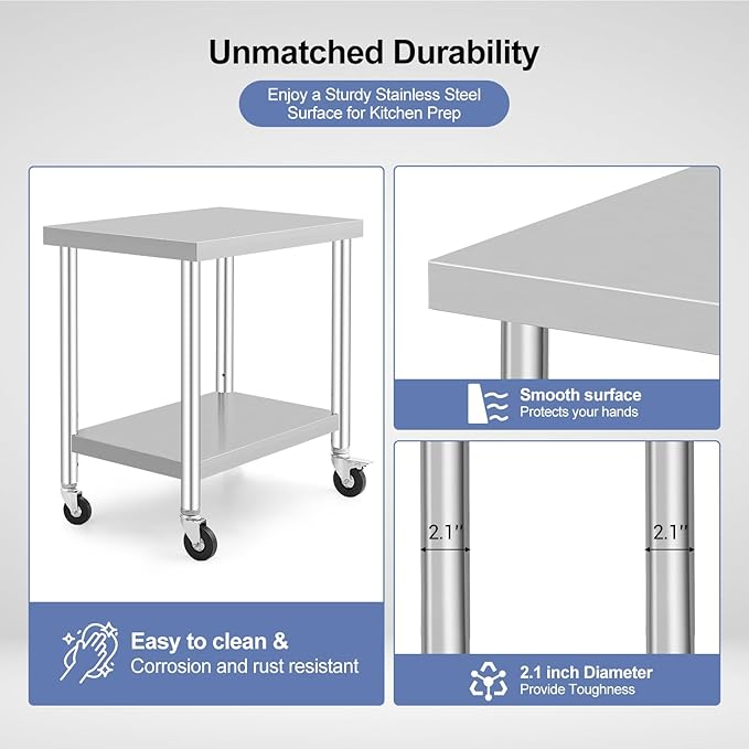Stainless Steel Table with Caster Wheels, Food Prep Table for Kitchen, Commercial Heavy Duty Metal Table with Adjustable Undershel, Stainless Steel Work Table for Garage Laundry and Hotel (36" x 24")