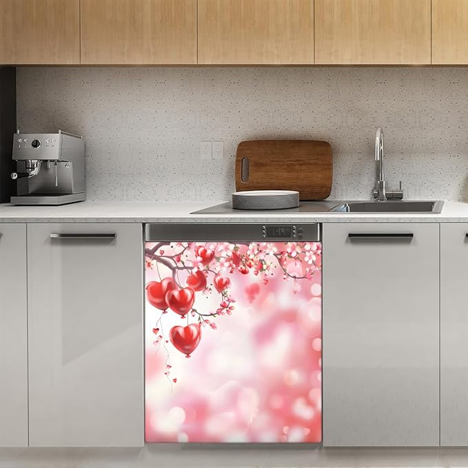 Beautiful Valentine's Day Flowers Dishwasher Magnet Cover, Reusable Refrigerator Panel Stickers Microwave Front Door Covers Magnets for Kitchen Home Appliances Holiday Party Decorations 23 X 26 in