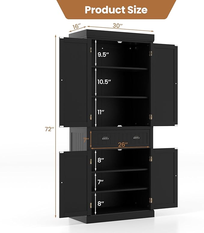 DORTALA 72” Tall Kitchen Pantry Cabinet, Wood Storage Cupboard w/ 4 Adjustable Shelves, 2 Cabinets & Drawer, Utility Freestanding Storage Cabinet for Kitchen, Hallway, Living Room, Black