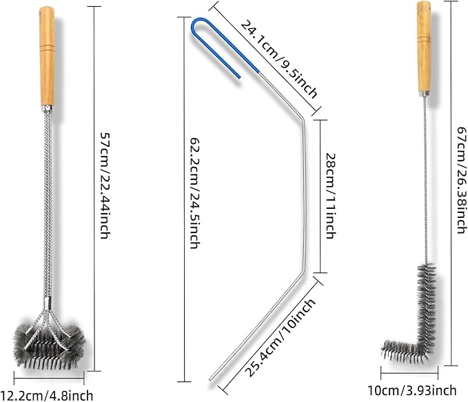 3Set Deep Fryer Cleaning Tools Including L-Shaped Fryer Cleaning Brush, Brass Bristles Stainless Deep Fryer Cleanout Rod Long Handle Deep Fryer Basket Cleaning Brush