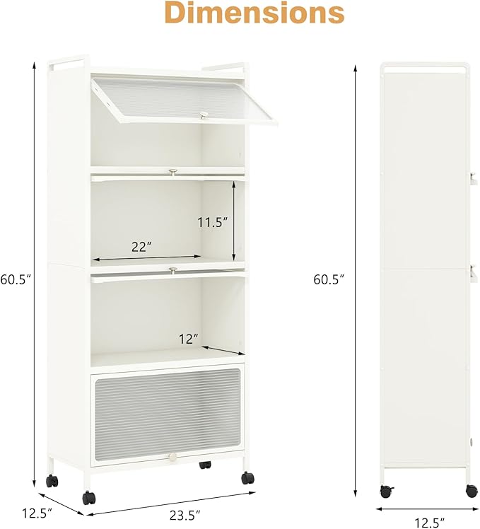 Giantex 5-Tier Kitchen Storage Cabinet, Mobile Microwave Stand with Flip-up PC Doors, Freestanding Kitchen Bakers Rack with 4 Rolling Casters, for Dining Room, Living Room and Study (White)