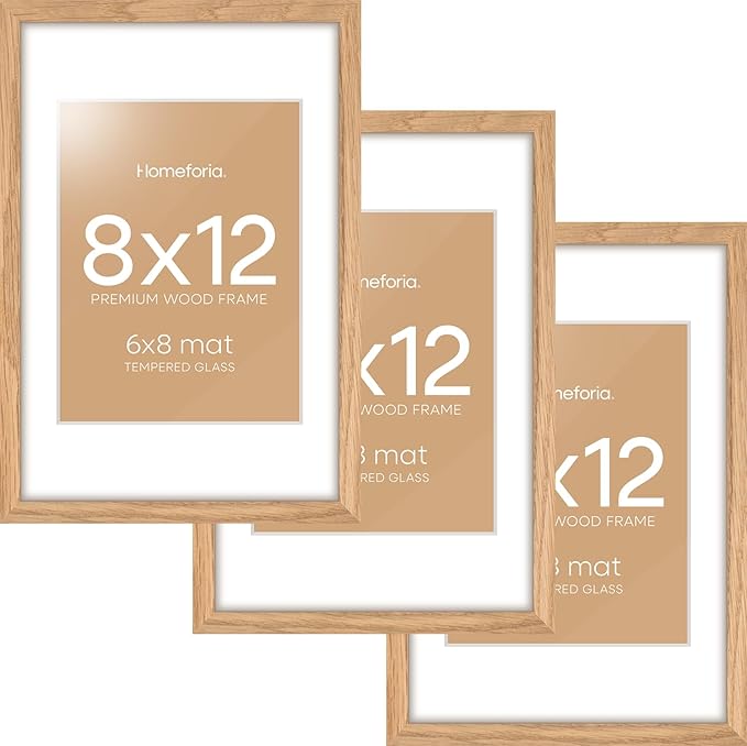 Homeforia 8x12 Picture Frame Wood, High End Natural Oak 8 x 12 Light Wooden Frames with Mat 6 by 8 inch Photo, 8by12 Frame Matted to 6x8 Art, Wall or Tabletop Frame, Tempered Glass, Wall Kit, Set of 3