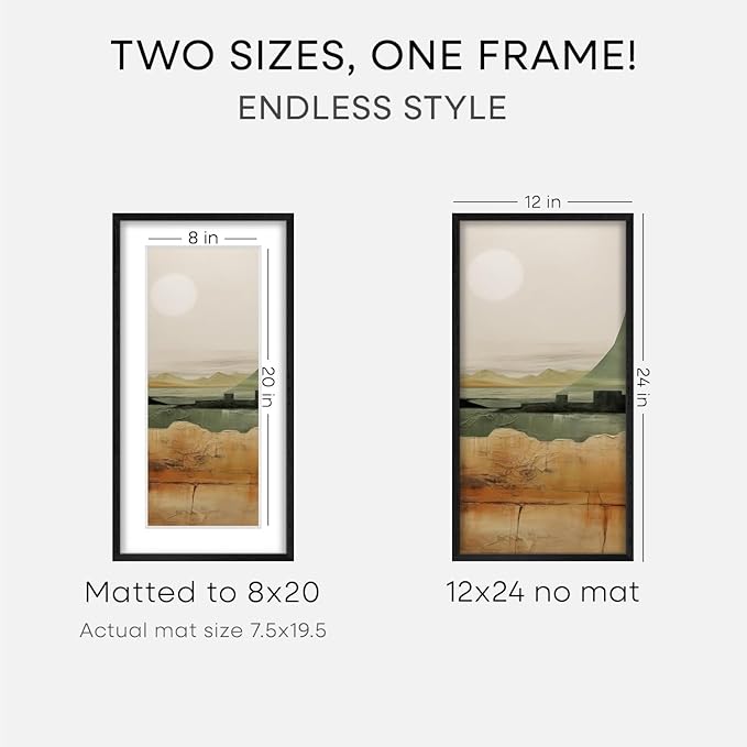 Homeforia 12x24 Black Wood Picture Frame, High End Oak 12x24 Poster Frames with Mat 8x20 Photo, 12 x 24 Black Wooden Frames Matted to 8 by 20, 24x12 Panoramic Frame, Tempered Glass, Wall Kit, Set of 2