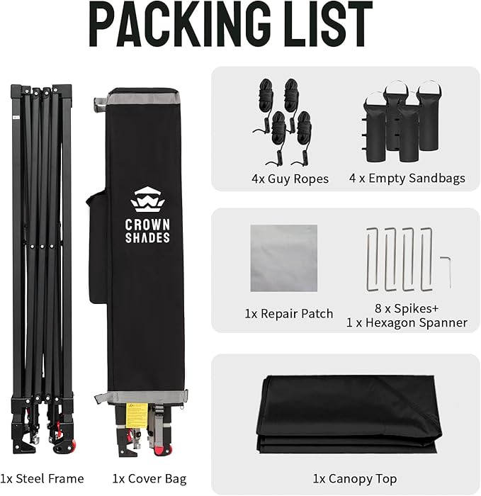 CROWN SHADES 10x10 Pop Up Canopy Tent - Patented Center Lock One Push Instant Outdoor Canopy Beach Tent with STO-N-Go Bag 8 Stakes & 4 Sand Bags，Black