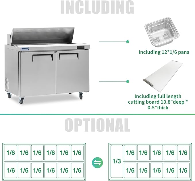 ICECASA 48" W Commercial Refrigerator Sandwich&Salad Prep Table 2 Door Stainless Steel Counter Fan Cooling Refrigerator with 12 pans-48 Inches for Restaurant, Bar, Shop, etc