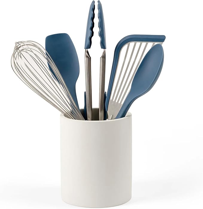 Misen Cream Concrete Utensil Holder - Kitchen Tool Organizer, Large Utensil Container for Countertop, Stainless Steel Holder - Compatible Prep Tool Sets 5 and 10 Piece - 6.25in x 5.5in