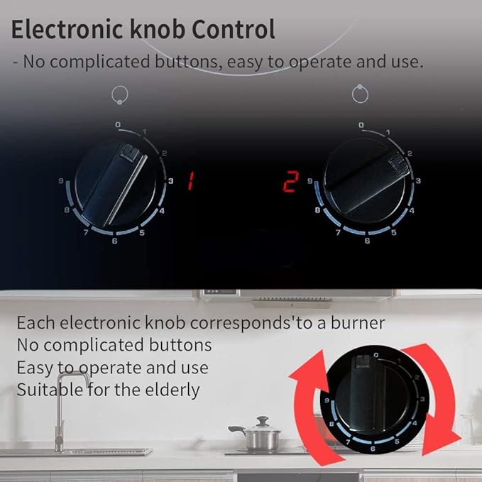12 Inch Electric Cooktop 2 Burner, Built-in Stove, Electric Radiant Cooktop with Knob Conrol, Residual Heat Indicator, 9 Power Level, Over-Heat Protection, 220V Hard Wire(No Plug)