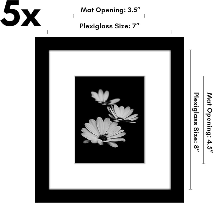 Americanflat 7x8 Picture Frame with Polished Plexiglass - Set of 5 - Use as 4x5 Frame with Mat or Display 7x8 Photo Without Mat - Galleria Collection - Picture Frames for Tabletop and Wall - Black