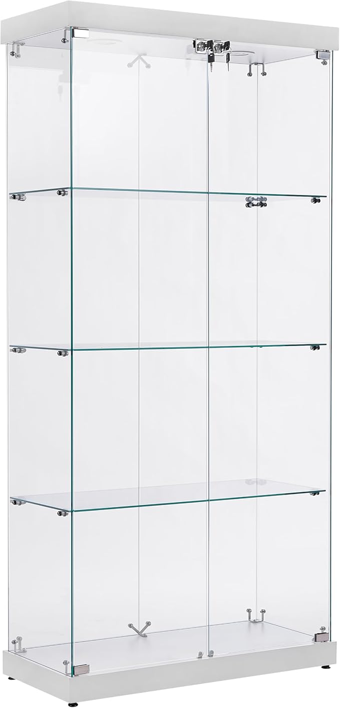 Yoluckea 4 Shelves Glass Display Cabinet with Light and 2 Doors, Floor Standing Clear Glass Curio Cabinet Collection Display for Living Room Bedroom 66.3” x 31.5” x 14.2” White