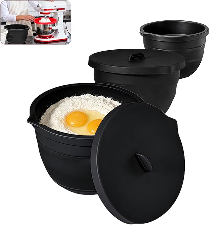 Silicone Bowl Liners for Kitchen,Silicone Liners Mixer for 5 Qt Tilt-Head KitchenAid Mixers,Mixer Bowl Accessories and Attachments with Lids,Black 3PCS