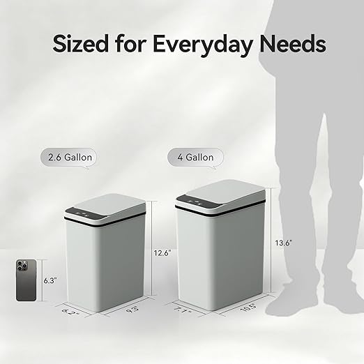 Bathroom Trash Can 2.6 Gallon Automatic Small Garbage Can with Lid, Slim Motion Sensor Plastic Narrow Trash Bin for Bedroom, Kitchen, Office (A-Basic Battery Supply-Grey, 1 Pack(2.6 Gallon))