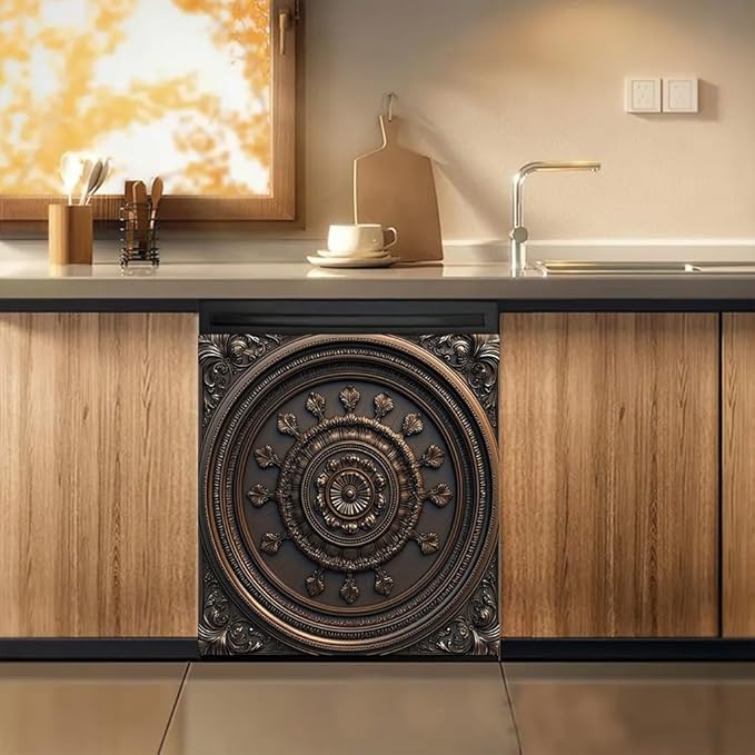 2D Flat Antique Bronze Round Embossed Dishwasher Magnetic Cover 23x26 Inch ClassicOrnamental Pattern Appliance Magnet for Kitchen Decor