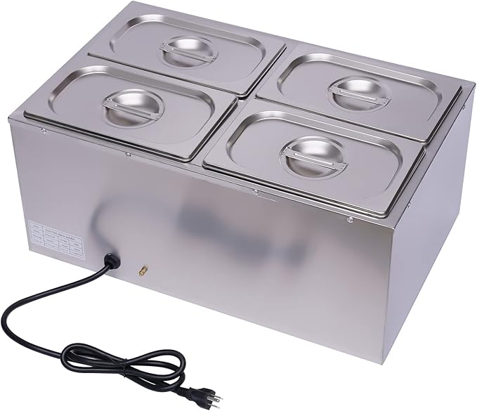 Electric Bain Marie Food Warmer, 600W 4-Pan Commercial Steam Table Food Warmer, 17Qt Portable Countertop Restaurant Buffet Steam Table 86-185℉ Temp Range for Parties, Caterings, Buffets
