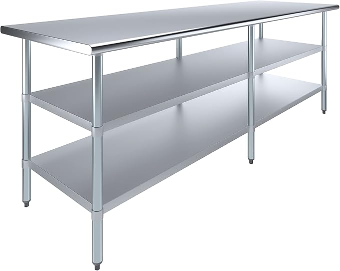 AmGood Stainless Steel Work Table with 2 Shelves | NSF | Metal Utility Table (96" Long x 30" Deep)