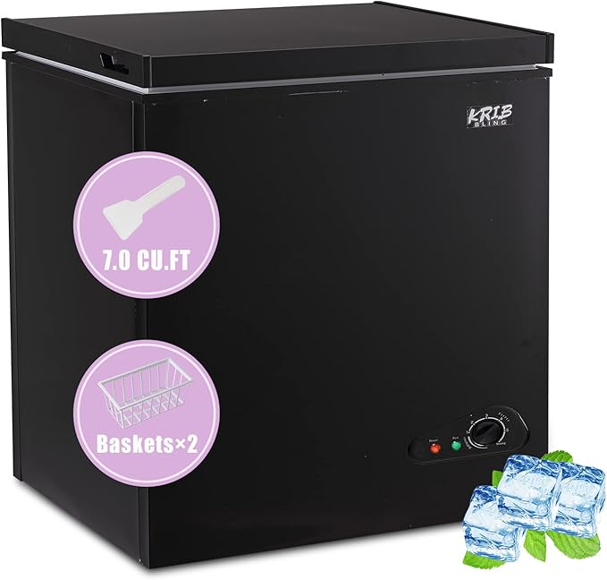 Compact Chest Freezer with Removable Basket, 7.0 Cu.ft Top Door Open Freestanding Deep Freezer with 7 Gears Temperature Adjustment, Ideal for Home, Kitchen & Office, Black