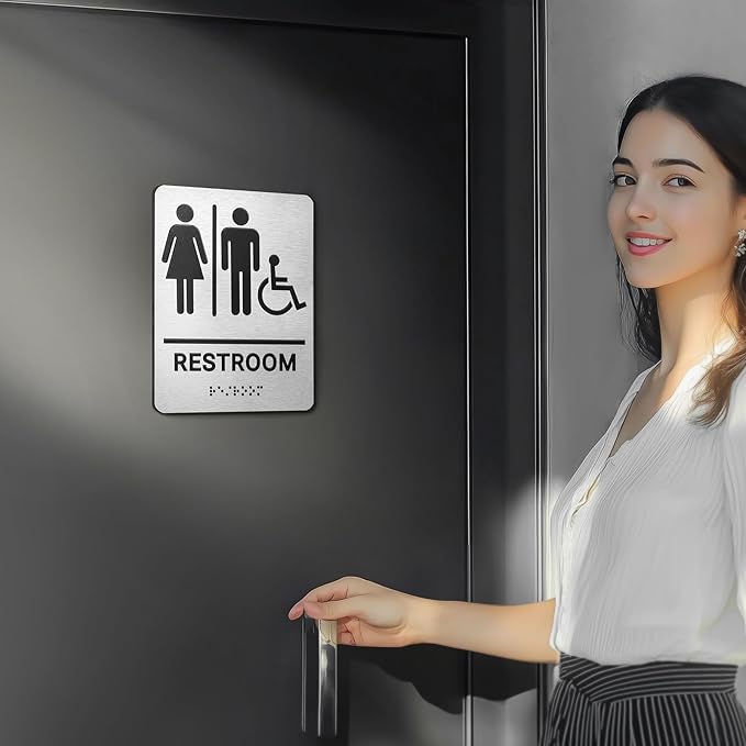 Restroom Sign, Brushed Aluminum ADA Raised Braille Restroom Signage for Business, Unisex Bathroom Sign with Strong Self-Adhesive, Wheelchair Accessible, Silver, Size 8’’* 6’'