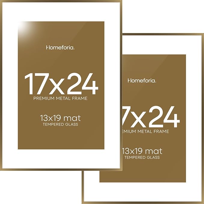 Homeforia 17x24 Picture Frame Bronze, High End Metal 17x24 Brass Poster Frames with Mat 13x19 Photo, 17 x 24 Frame Matted to 13 by 19 inch Print, 24by17 Thin Frames, Tempered Glass, Wall Kit, Set of 2