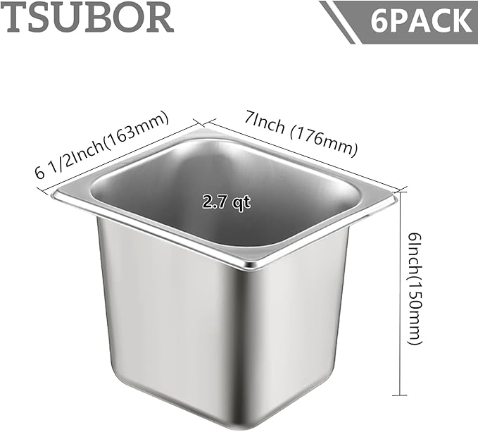 6 Set Stainless Steel Hotel Pans 1/6 Size 6 Inch Deep With Lids, Anti-Jam Chafing Steam Table Pans, Catering Food Storage Metal Pan