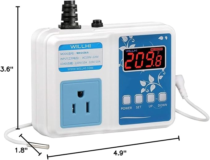 WH1436A 10A Temperature Controller 110V Digital Thermostat Switch Sous Vide Controller NTC 10K Sensor Improved Version
