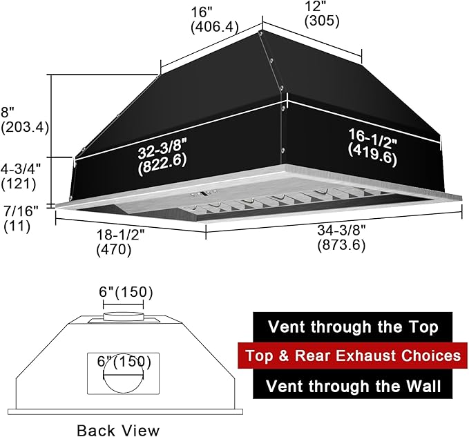 Akicon Range Hood Insert 36 Inch, Ultra Quiet, Powerful Suction Built-in Kitchen Vent Hood, Stainless Steel Ducted Stove Hood with Dimmable LED Lights, 3-Speeds 600CFM