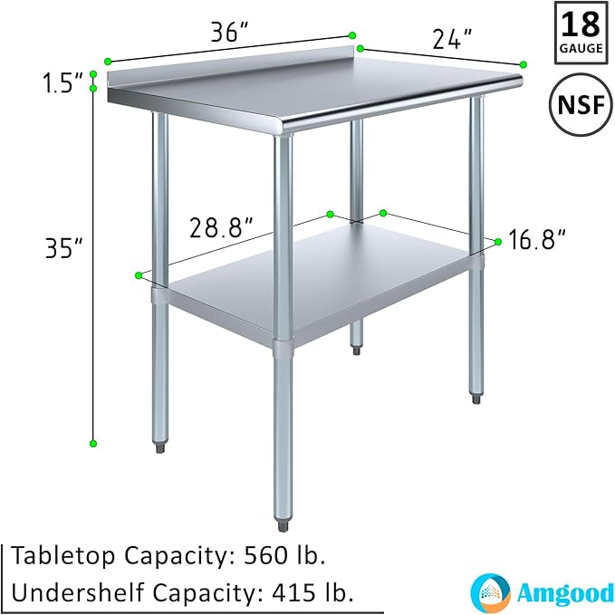 AmGood 36" Long x 24" Deep Stainless Steel Work Table with 1.5" Backsplash | Metal Kitchen Food Prep Table | NSF