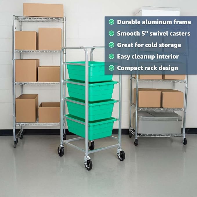 19"x26"x53" Mobile Aluminum Lug Rack with 4 Yellow Tote Boxes – NSF Heavy-Duty Commercial Storage Cart with 5" Swivel Casters, Portable Food Prep & Dishroom Utility Rack – Freezer Safe, 4 Lug Capacity