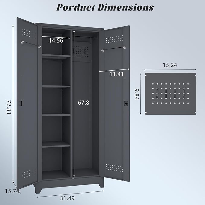 72.8" H Storage Cabinets,Broom Closet Storage Cabinet with Adjustable Shelves,Metal Lockable Storage Cabinet with Locking Doors,Tall Utility Cabinets for Garage,Laundry,Office,Grey