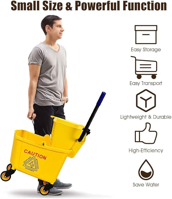 Mop Bucket, Commercial Bucket for Mopping on Wheels with Potable Handle, Mop Bucket with Wringer for Home, Household, Office, Bathroom, Yellow (34 Quarts)