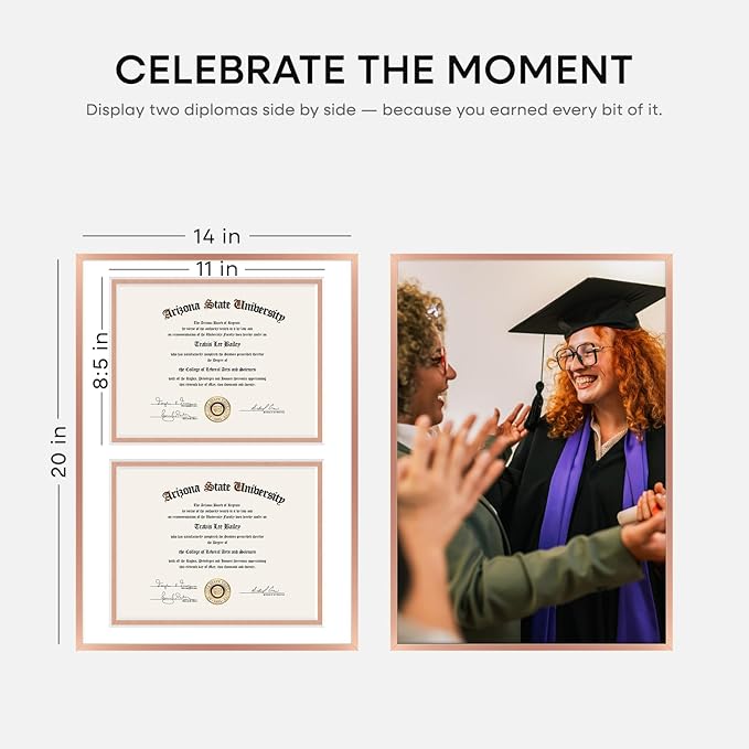 Homeforia 14x20 Double Diploma Frame, High End Metal 14 x 20 Rose Gold Certificate Frames with Mat for Two 8.5x11 Diplomas, 20x14 Dual Award Graduation Matted Frame, Tempered Glass, Wall Kit, Set of 1