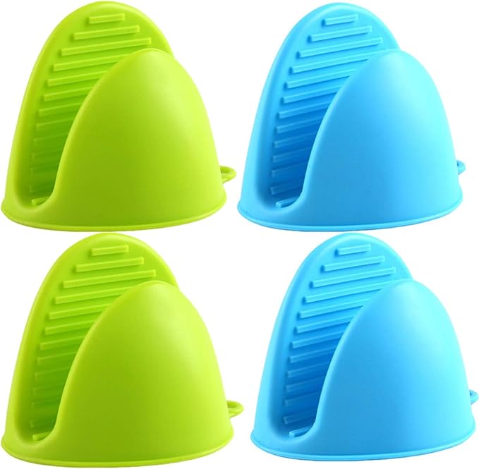 Silicone Cooking Pinch Grips Oven Mitts - Finger Protector Pot Holder for Kitchen,Cooking,Baking,BBQ - Heat Resistant Gloves, 2 Pairs (Blue and Green)