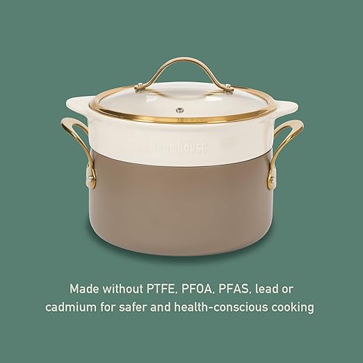 Bloomhouse - Two Time Oprah's Favorite Things Winner - 15 Piece Pots and Pans Heavy Duty Aluminum Premium PFA Free Ceramic Nonstick Dutch Oven Pot with Lid - Cappuccino Cream with Gold Handle