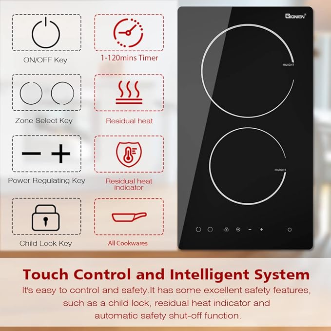 GIONIEN Electric Cooktop 2 Burners 220V~240V, Built-in 12 Inch Ceramic Burners, Double Glass Stove Top, Apartment Size Electric Radiant Cooktop with Hard Wire,3000W,No Plug