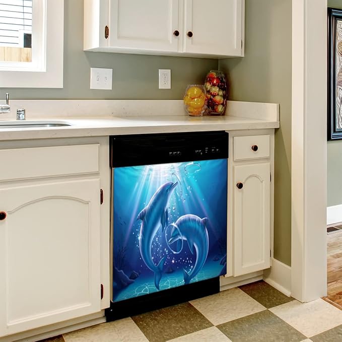 Dolphin in Ocean Dishwasher Magnet Cover for The Front Dishwasher Door Cover Panel Decals Magnetic Refrigerator Cover for Kitchen Farmhouse Home Decor（23 X 26 in）