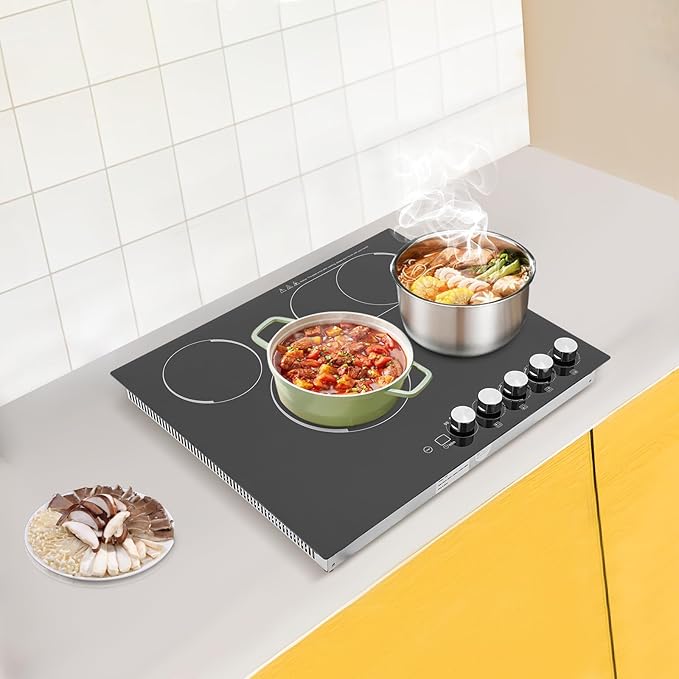 4 Burners 24” Electric Cooktop, 3400W Electric Stovetop, Built-in Induction Stove Top for Home Kitchen, Stainless Steel Glass Ceramic Cooktop with Child Lock