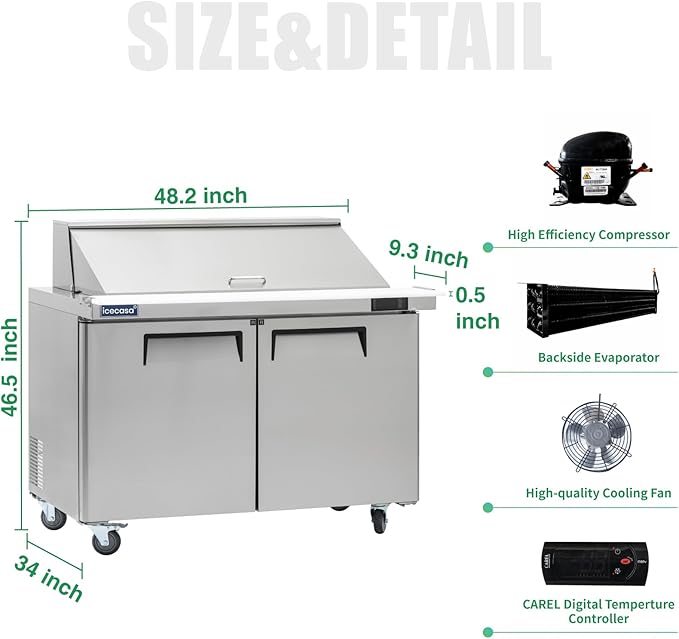 ICECASA 48" W Commercial Refrigerator Sandwich&Salad Prep Table Mega Top single Door Stainless Steel Counter Fan Cooling Refrigerator with 18 pans-48 Inches for Restaurant, Bar, Shop, etc