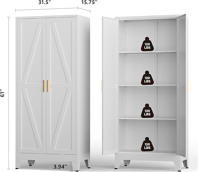 Metal Kitchen Pantry Cabinet, 61" White Farmhouse Storage Cabinet with 2 Vintage Barn Doors and 3 Adjustable Shelves, Rustic Freestanding Cupboard for Kitchen,Home Office Living Room,Dining Room