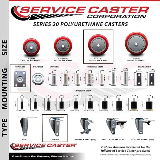 Service Caster Brand Replacement Set for Uline Casters - Swivel Top Plate Casters with 4 Inch Red Polyurethane Wheels - Includes 4 Swivel Casters - Fits Vinyl Basket Truck 24 Bushel