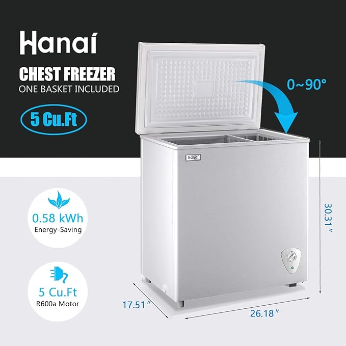 5.0 Cubic Feet Deep Chest Freezer Compact Freezers with Adjustable Thermostat Top Open Door with Removable Storage Basket for Home Kitchen and Bar